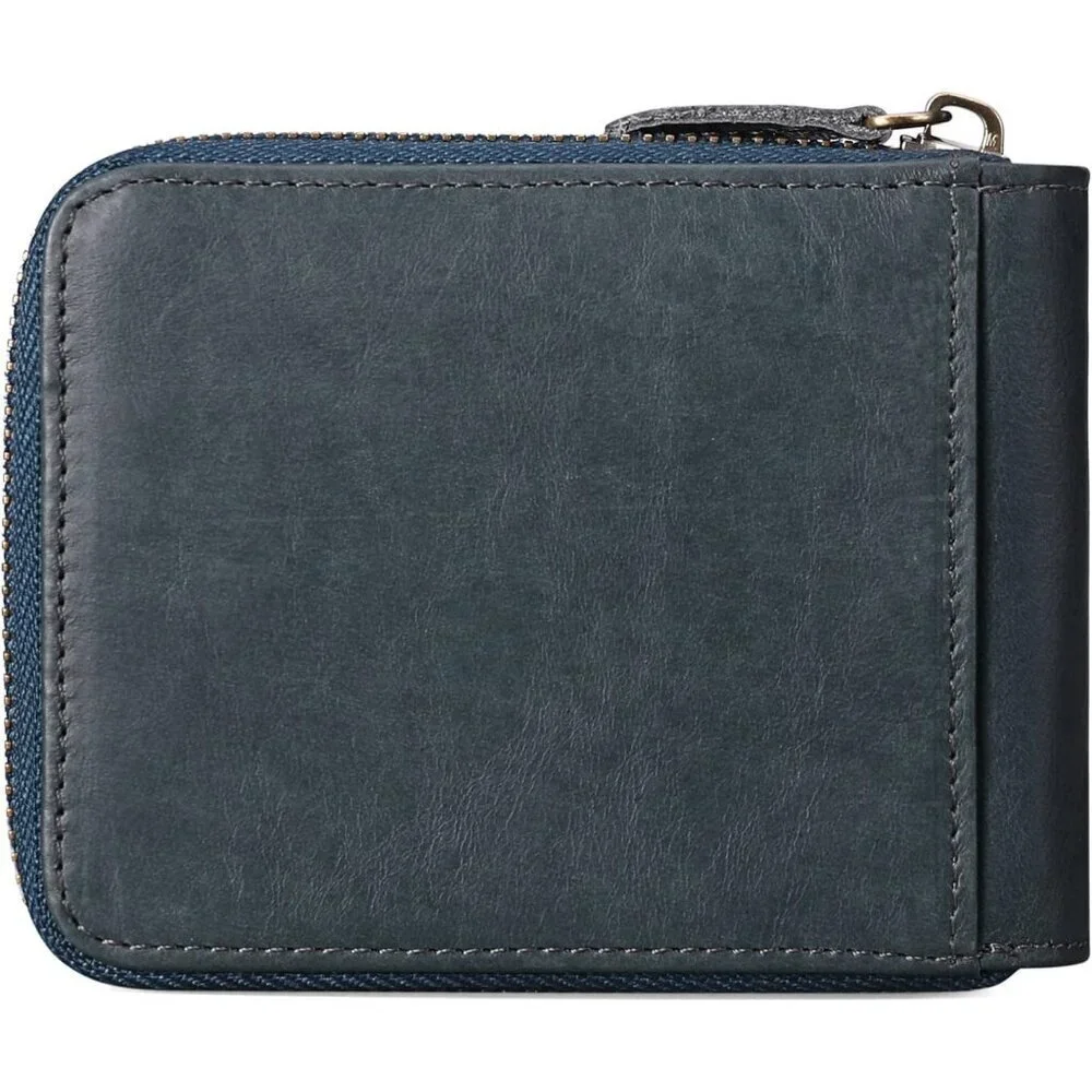 Men's A-Dark Blue Wallets Genuine Leather Front Around Zip Pocket Credit Card
